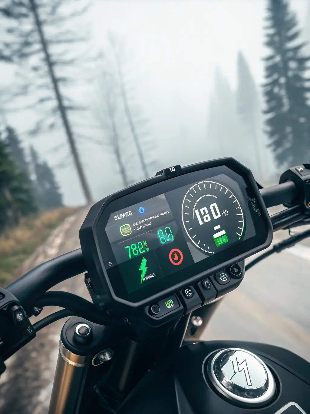 Extreme close-up of a high-end e-bike display unit, showcasing its vibrant screen and detailed interface, set against a blurred background of a modern e-bike handlebar.